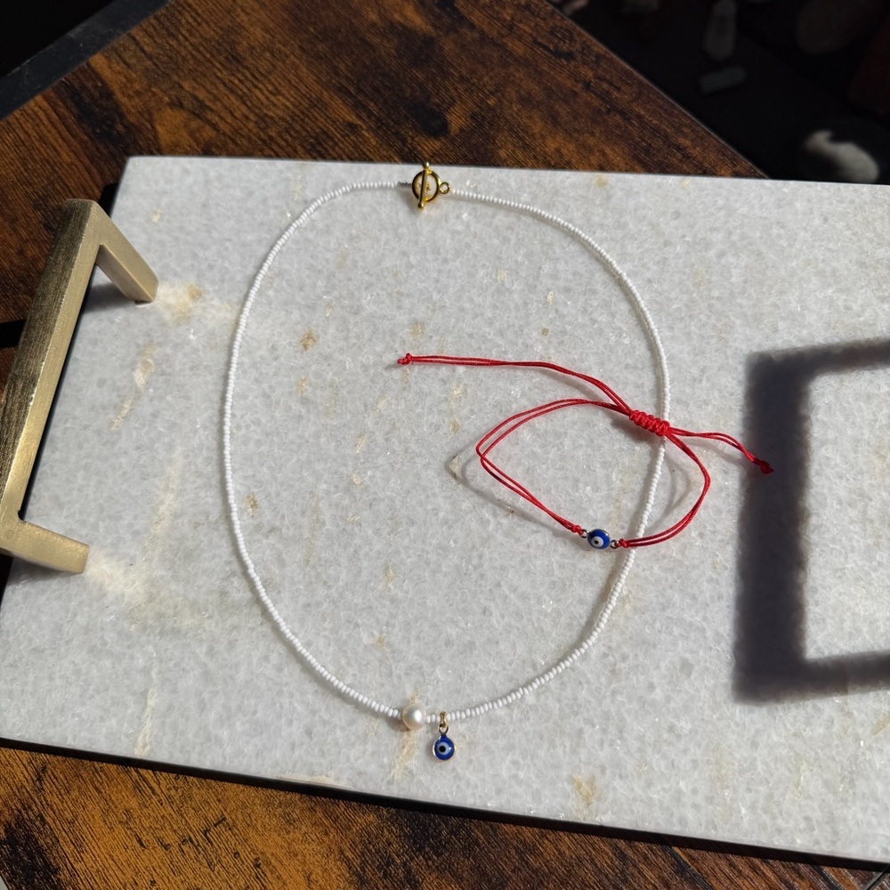 White Beaded Pearl Necklace & Evil Eye Bracelet Bundle
